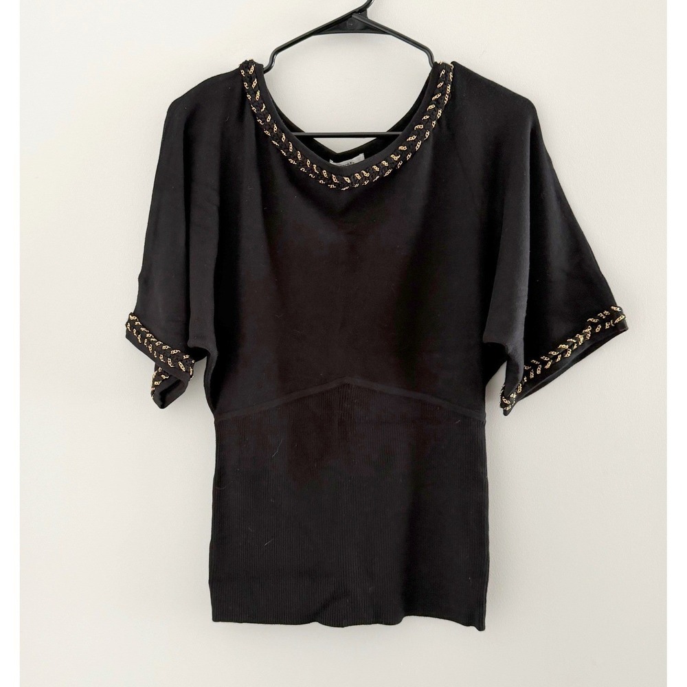 Vintage Cache Black Gold Chain Knit Dolman Sleeve Ribbed Top NWT Size M Elegant